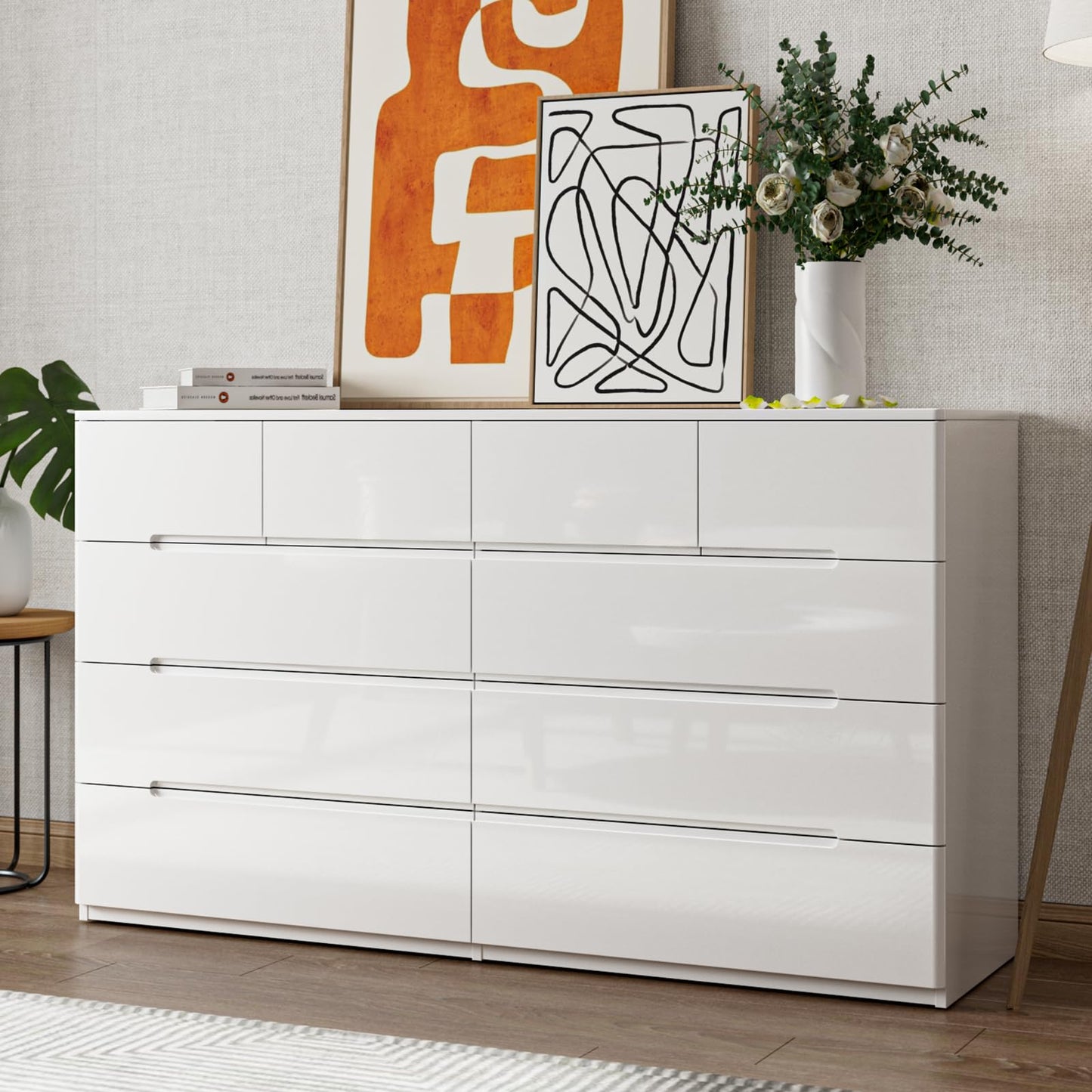 ZORPLIX 10 Drawer White Dresser for Bedroom, 55" Long Dresser Chest of Drawers,Large High Gloss Modern Storage Cabinet with Big Drawers Handle Free,Living Room, Entryway, Hallway