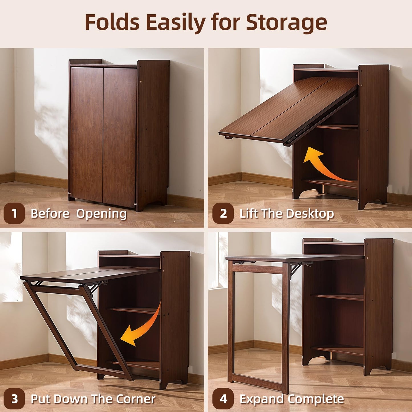 Usofhaus Bamboo Folding Desk with Storage, Space-Saving Foldable Computer Desk for Small Spaces, Writing Study Table for Home Office, Bedroom, Dorm, Apartment,Dark Brown