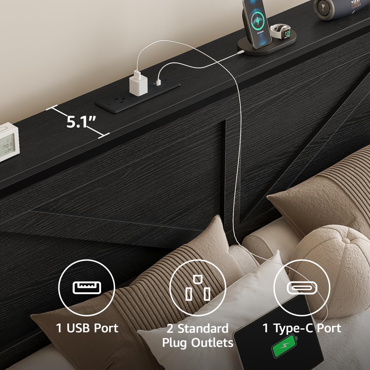 Siihnon Rustic King Size Bed Frame with Storage Drawers and Barn Door Headboard, Farmhouse LED King Bed Frame with Charging Station, Metal Industrial Platform Bed Frames, No Box Spring Needed, Black