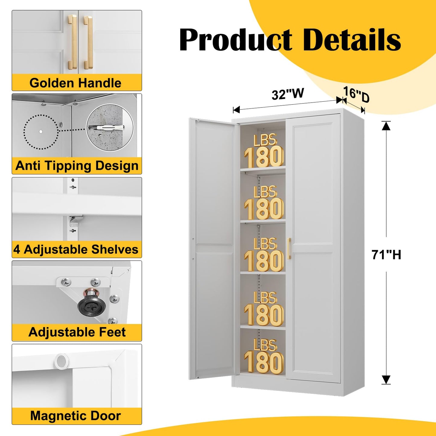 Kitchen Pantry Cabinet,71”White Metal Pantry Storage Cabinet with Doors and 4 Adjustable Shelves,Kitchen Cabinet with 2 Gold Handles,Tall Cabinet for Livingroom,Pantry, Bathroom,Kitchen