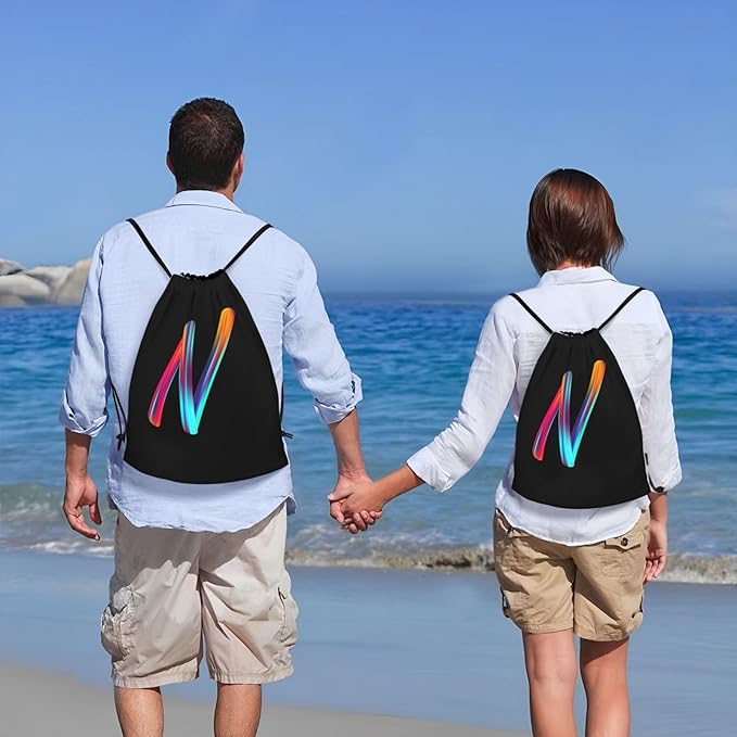 Drawstring Bags Initial Drawstring Backpack Sackpack Black Draw String Cinch Bags for Sports, Gym, Travel, Swimming, Beach, Camping, Rainbow Letter N