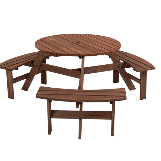 DOPERFE 6-Person Outdoor Round Wooden Picnic Table with 3 Built-in Benches, Outdoor Dining Set with Umbrella Holes, 1720 lb. Weight Capacity for Garden, Lawn, Patio (Brown, 66.92"*66.92"*27.55")