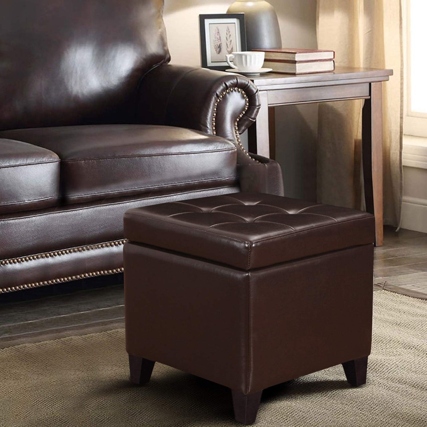 Decent Home Tufted Leather Square Storage Ottoman, Lift Top Cube Footstool with Hinged Lid Footrest with Wood Legs (Brown)