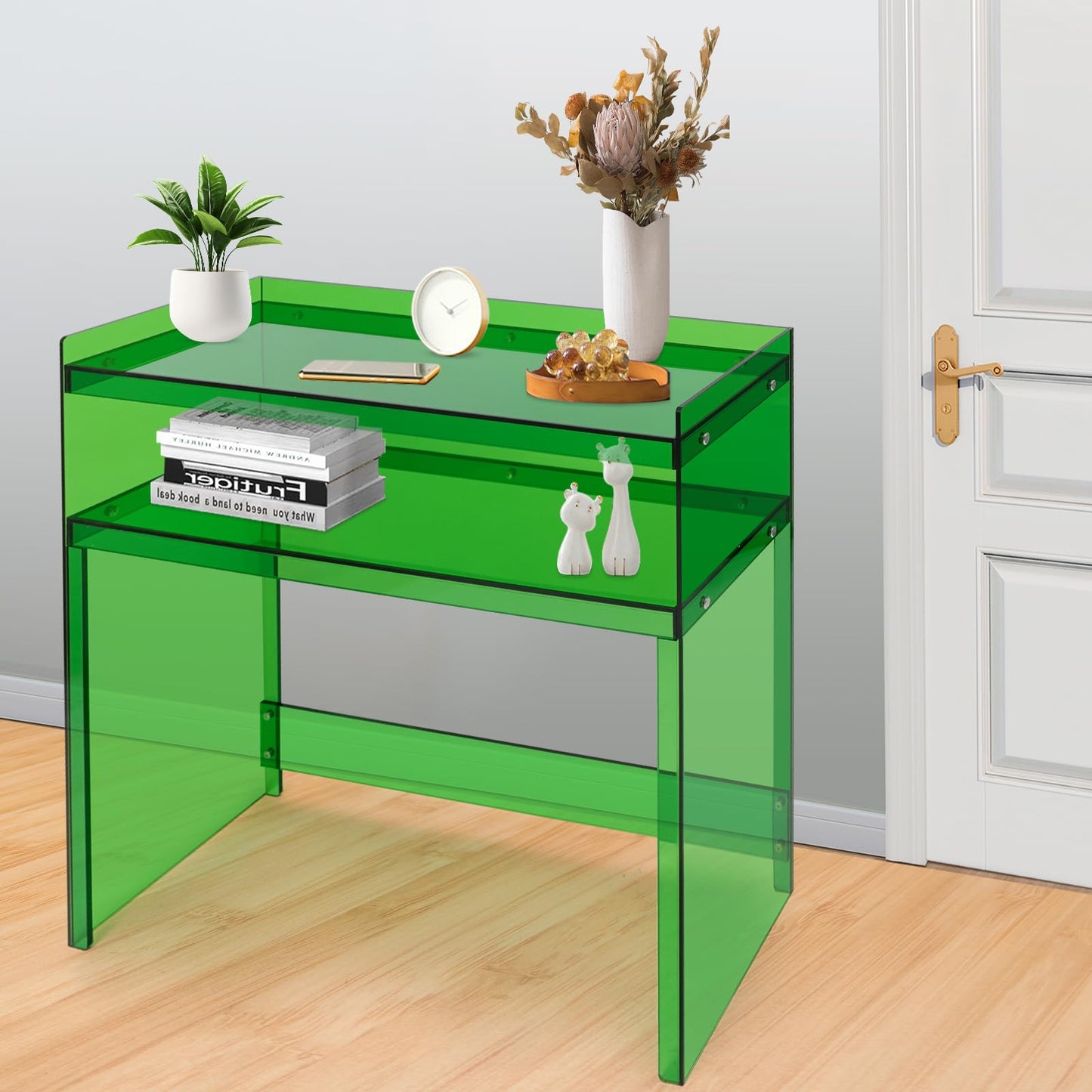 BuufuS Acrylic Console Table, Modern Narrow Sofa Console Tables with 2 Tier Storage Shelves Skinny Entryway Clear Table 39.5" Wx12 Dx 31.5" H for Sofa Foyer Hallway Living Room Entry (Green)