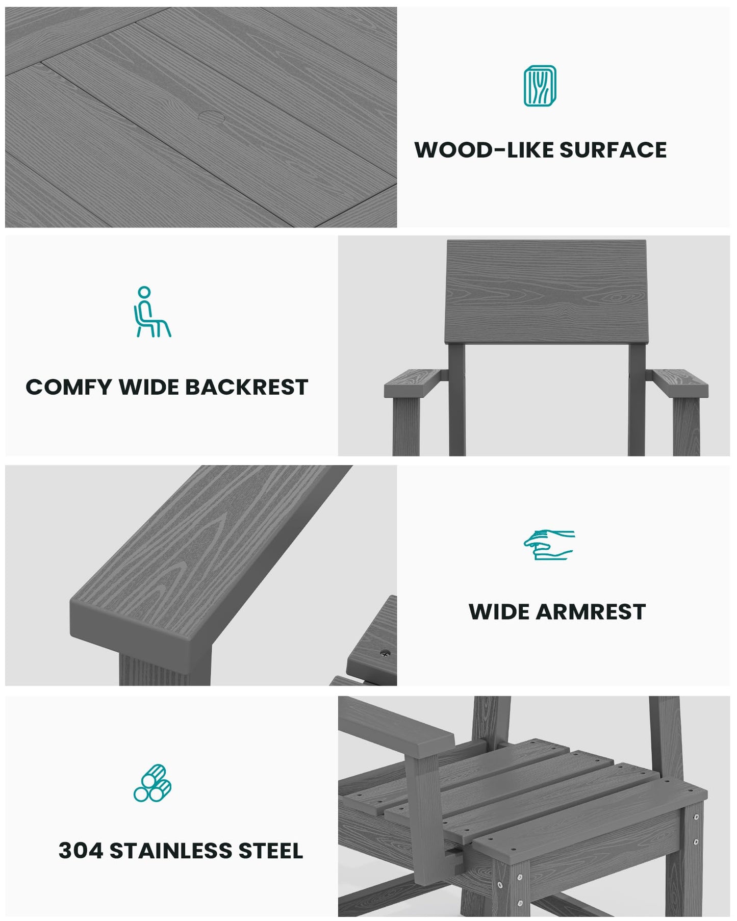 SERWALL HDPE Outdoor Dining Set, Patio Table and Chairs Set All Weather Patio Dining Set for 4, 5-Piece Patio Dining Furniture for Deck, Garden, Backyard, Gray