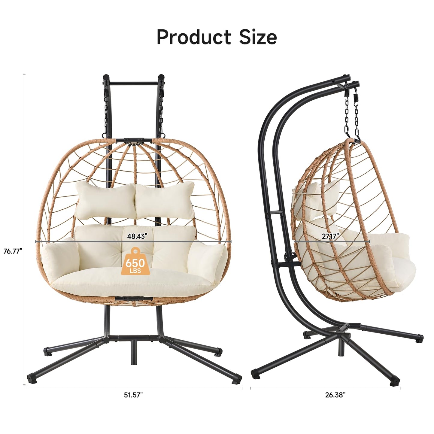 ONBRILL Double Egg Chair with Stand, Indoor Outdoor 2 Person Hammock Swing Chair with Cushions & Headrest, 650LBS Capacity Hanging Loveseat for Patio, Bedroom, Garden, Balcony (Yellow-Beige)