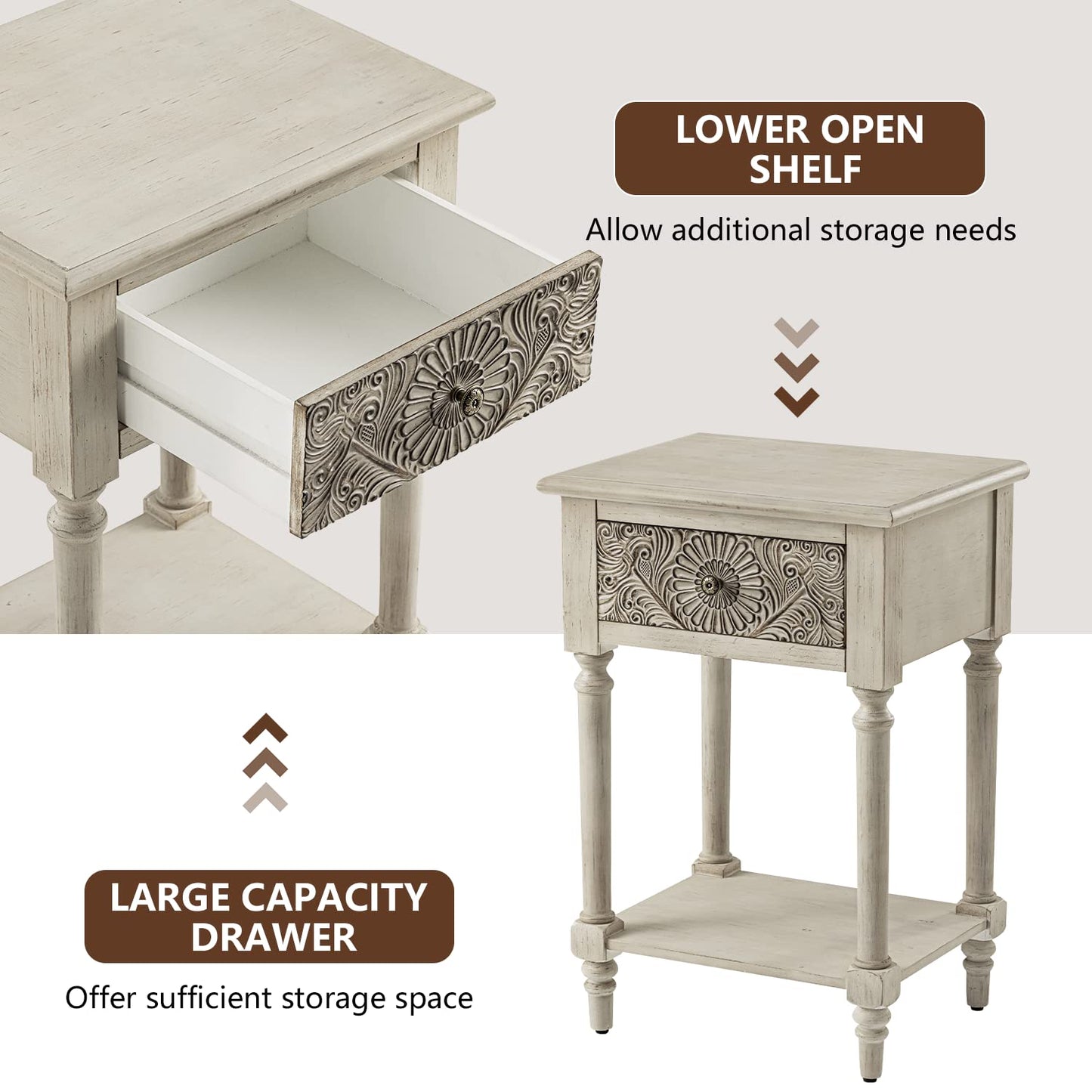 COSIEST Vintage Nightstand, MDF 2-Tier Bedside Table, Wood Accent End Table with Storage Drawer and Open Display Shelf for Bedroom Living Room