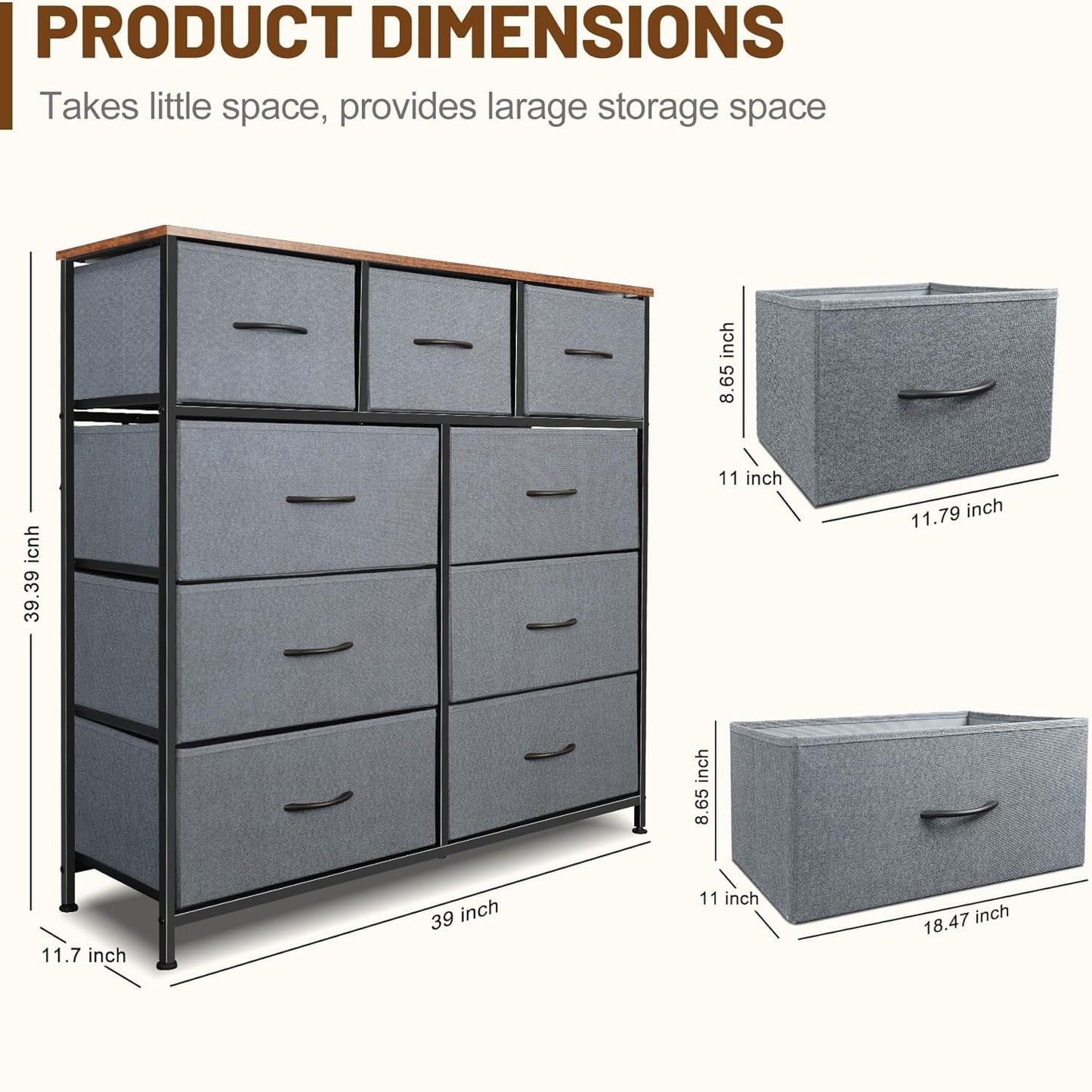 Sonharlar Dresser for Bedroom with 9 Drawers, Chest of Drawers, Storage Drawers Organizer Unit, Grey Wide Fabric Dresser with Fabric Bins for Closet, Living Room, Entryway (Grey and Rustic Brown)