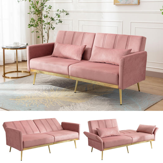 dannratch 70'' Futon Sofa Bed Velvet Convertible Sleeper Sofa Tufted Couch Bed with Adjustable Armrests and Backrest, Modern Loveseat Sleeper Bed with 2 Bolster Pillows for Living Room, Bedroom,Pink