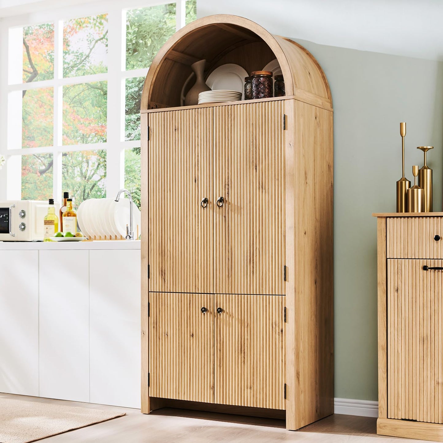 IFBUY 71" Tall Arched Bathroom Storage Cabinet, Modern Fluted Storage Cabinet w/Doors, 3 Adjustable Shelves, 6 Door Shelves, Wood Freestanding Cabinet for Bathroom, Entryway, Hallway, Natrual