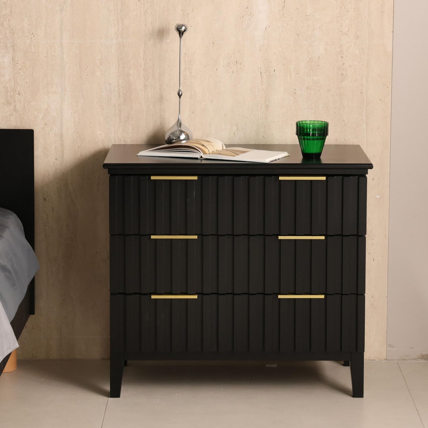 LAZZO 3 Drawer Dresser, Wood Dresser Tall with Fluted Drawer Fronts, Golden Handles and Spacious Top Narrow Small Space Storage Chest Modern Storage Cabinet for Living Room, Bedroom and Closet Black