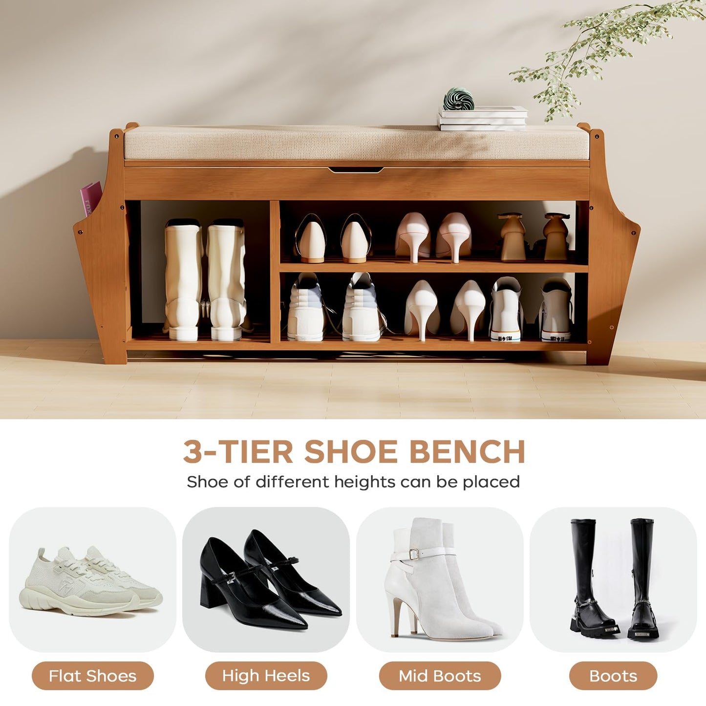 oakvivo 39.4in Shoe Bench with 2 Side Holder, 3 Tier Bamboo Entryway Bench with Storage, Shoe Rack Bench Organizer with Cushion for Entryway Hallway Living Room, Holds up to 330lbs