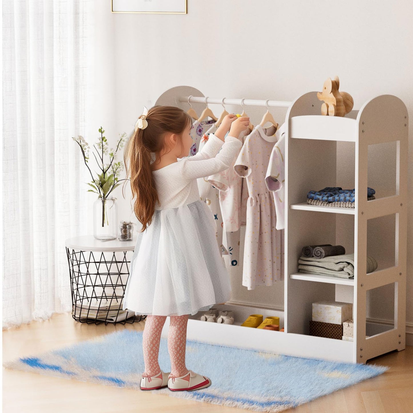 Glaf Kids Dress up Storage with Full Length Mirror, Kid Wardrobe Closet with 3-Tier Shelve, Clothes Rack and Bottom Tray, Opening Hanging Kids Armoire Baby Closet for Nursery & Kids Room (White)