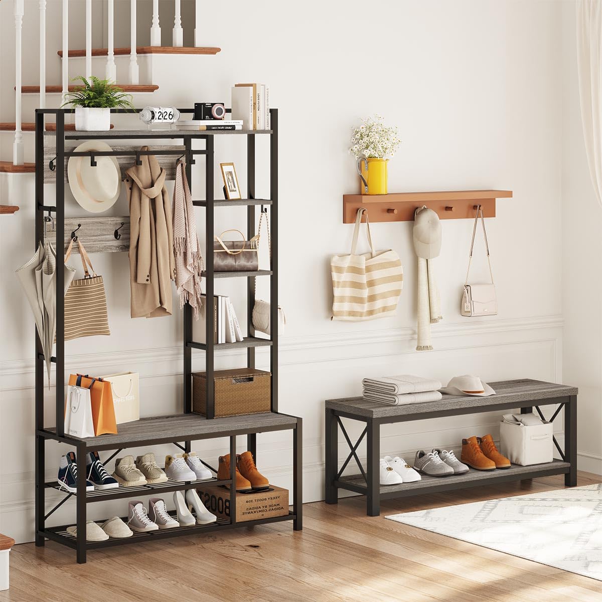 BON AUGURE Shoe Bench, Industrial Shoe Rack Bench for Entryway, Modern Shoes Storage Benches for Front Door, Foyer, Entrance, Mudroom, Bedroom (Dark Gray Oak)