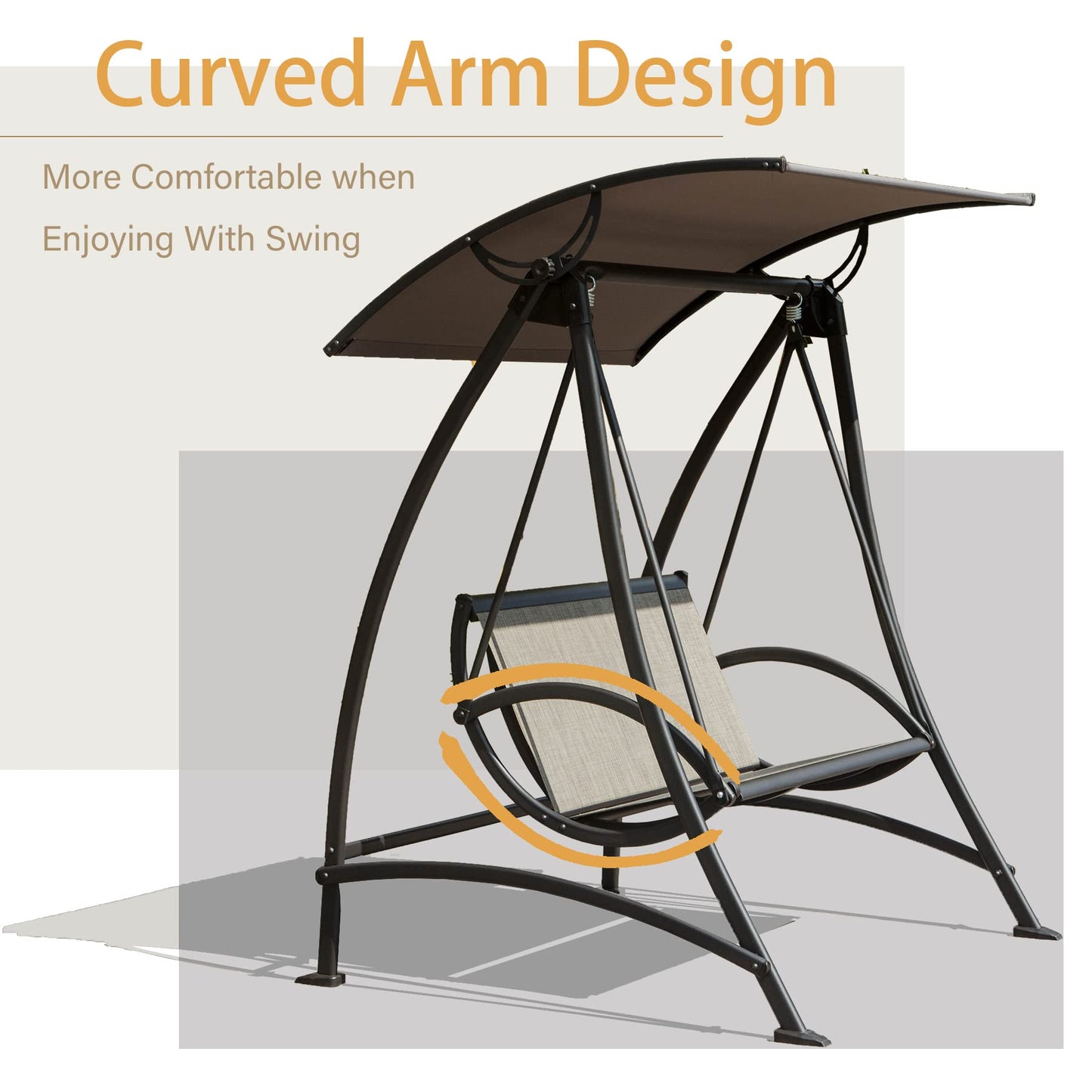 Domi Porch Patio Swing with Adjustable Canopy, 2-seat with Stand, Outdoor Loveseat Swing w/Armrests, Weather Resistant Steel Frame and Textilene Fabric