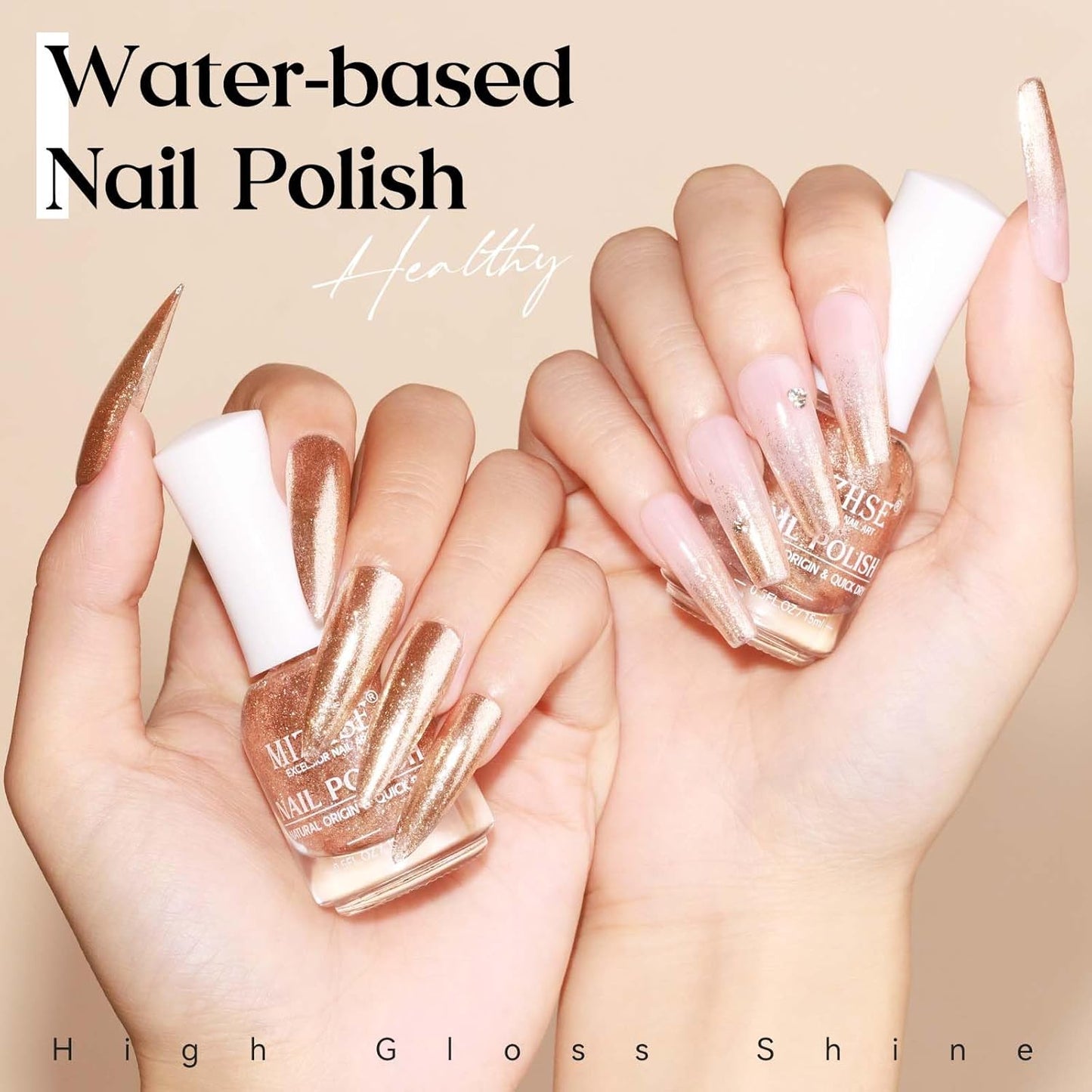 MIZHSE Quick Dry Glitter Nail Polish, Metallic Gold Nail Polish Air Dry Fast, 15 ml High Glossy Sparkle Shiny Shimmery Chrome Nail Pigment Water-based Nail Art Salon Manicure Home