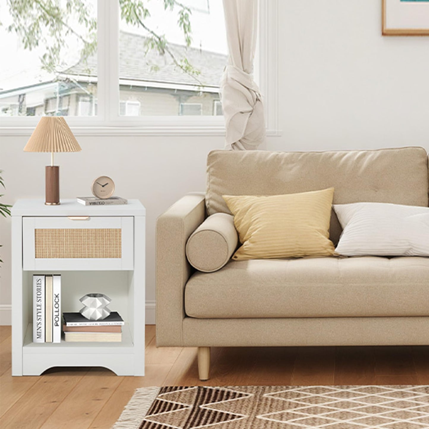 HOMREST Night Stand Set of 2,Modern Farmhouse Nightstands with Drawer & Open Storage Shelf, Wood Rattan Bedside Table with Metal Handle & Sturdy FrameTable for Bedroom, Living Room （White）