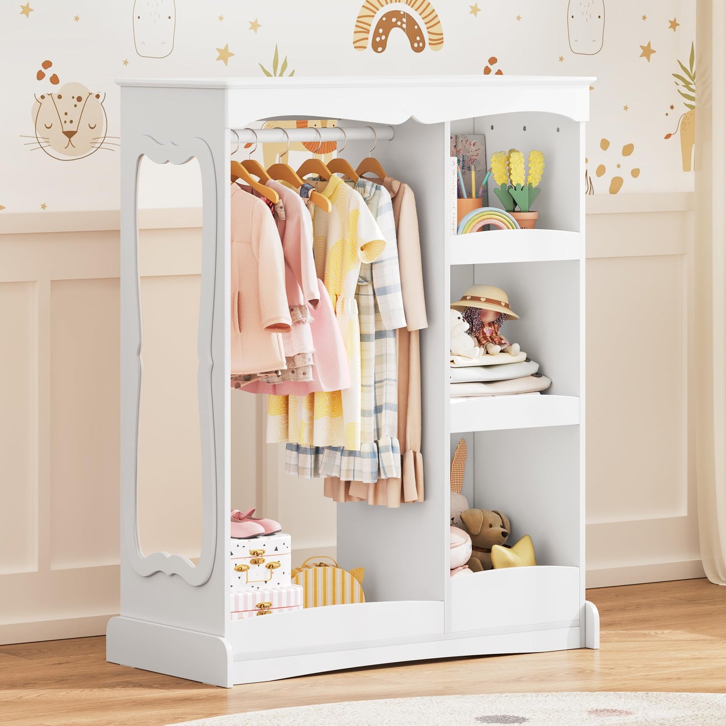 Curipeer Kids Dress Up Storage with Flower Mirror, Open Hanging Closet Wardrobe for Children, Kids Armoire & Costume Organizer for Bedroom Playroom Preschools Classroom, White