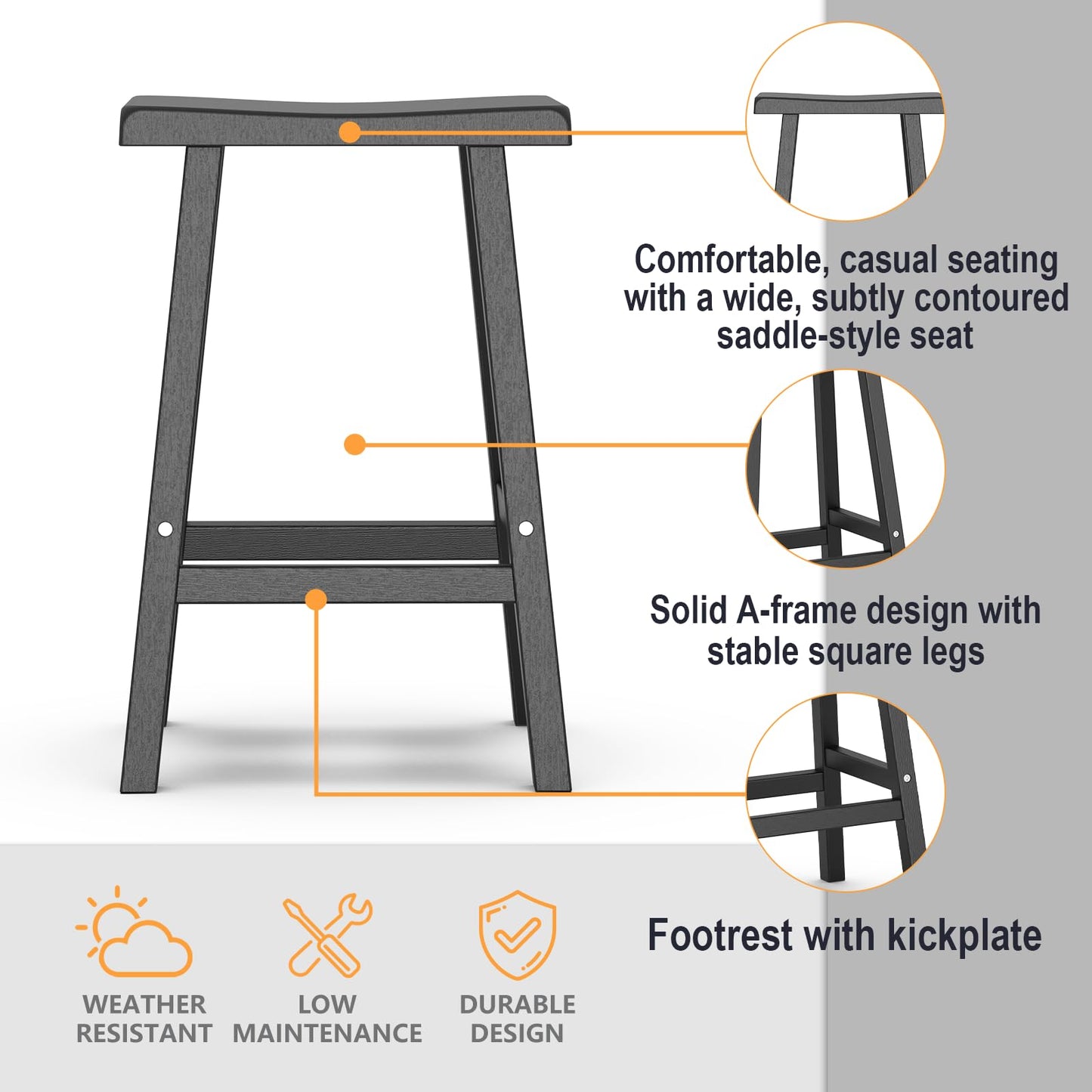 KFY Bar Stools Set of 2 - Resin Material 29 Inch Height Barstools with Anti-Slip Pads & Easy Assembly, Sturdy Comfortable Counter Stools for Outdoor Kitchen Bar
