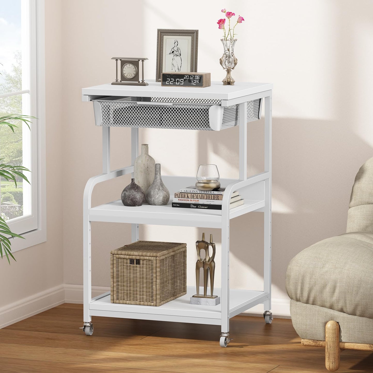 EasyCom Large 3-Tier Rolling Printer Stand with Storage Drawer & 5 Adjustable Shelves Mobile Cart with Industrial Wheels for Home Office Desk Fits 3D Printer, Scanner, and Fax White