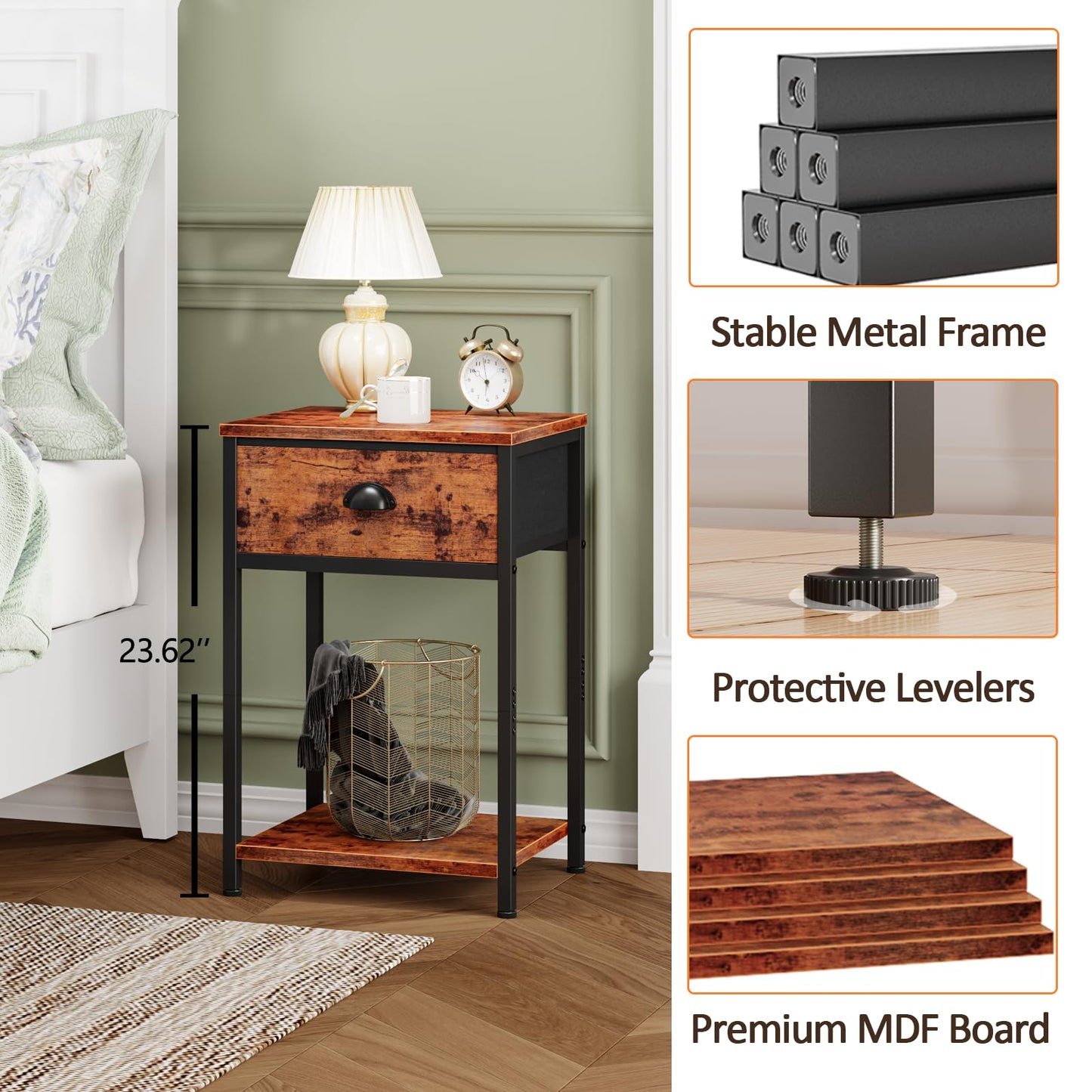 Furologee Nightstands Set of 2, Industrial End Table with Fabric Drawer and Storage Shelf, Retro Bedside Tables Organizer, Side Table for Living Room Bedroom, Rustic Brown