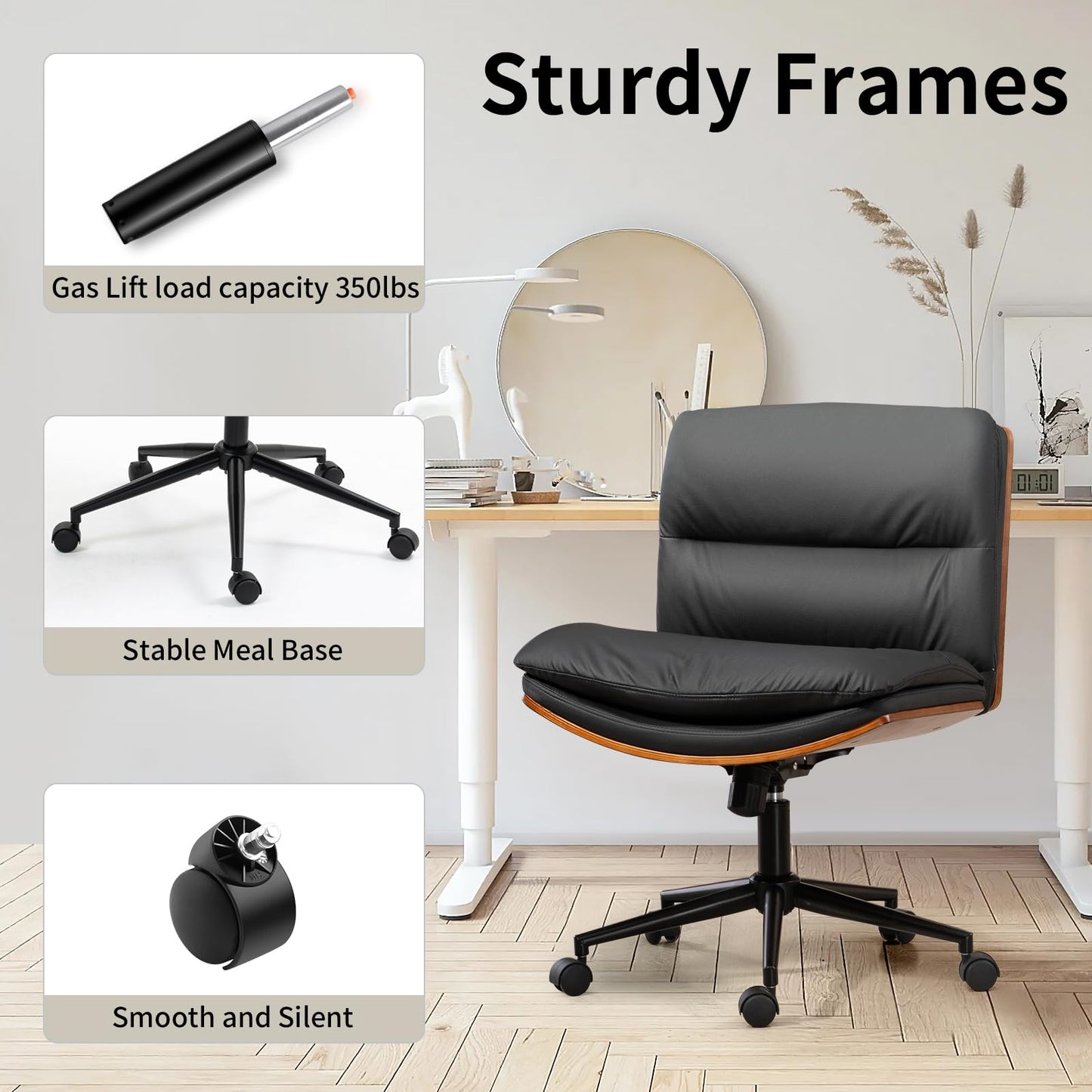 LONWIK Armless Modern Walnut Office Desk Chair with Wheels, PU Leather Adjustable Wide Swivel Task Chair, Ergonomic Cross Legged Computer Chair for Conference Room, Home Office (Black)
