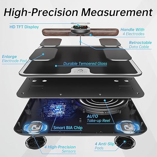 CLORIS 8 Electrodes Digital Smart Scale for Body Weight Fat Accurate BMI Muscle Mass 28 Body Composition Measurement Health Analyzer with App Bluetooth, Full-Color TFT LCD on Retractable Handle