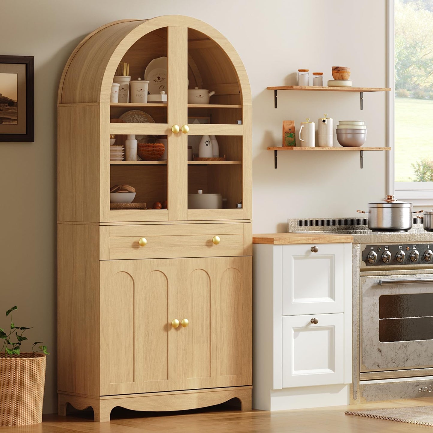 HOOBRO Arched Kitchen Pantry Cabinet, 71" Tall Pantry Cabinet with Drawer, Glass Door and Adjustable Shelves, Farmhouse Kitchen Storage Cabinet, for Living Room, Dining Room, Natural NL63PC01