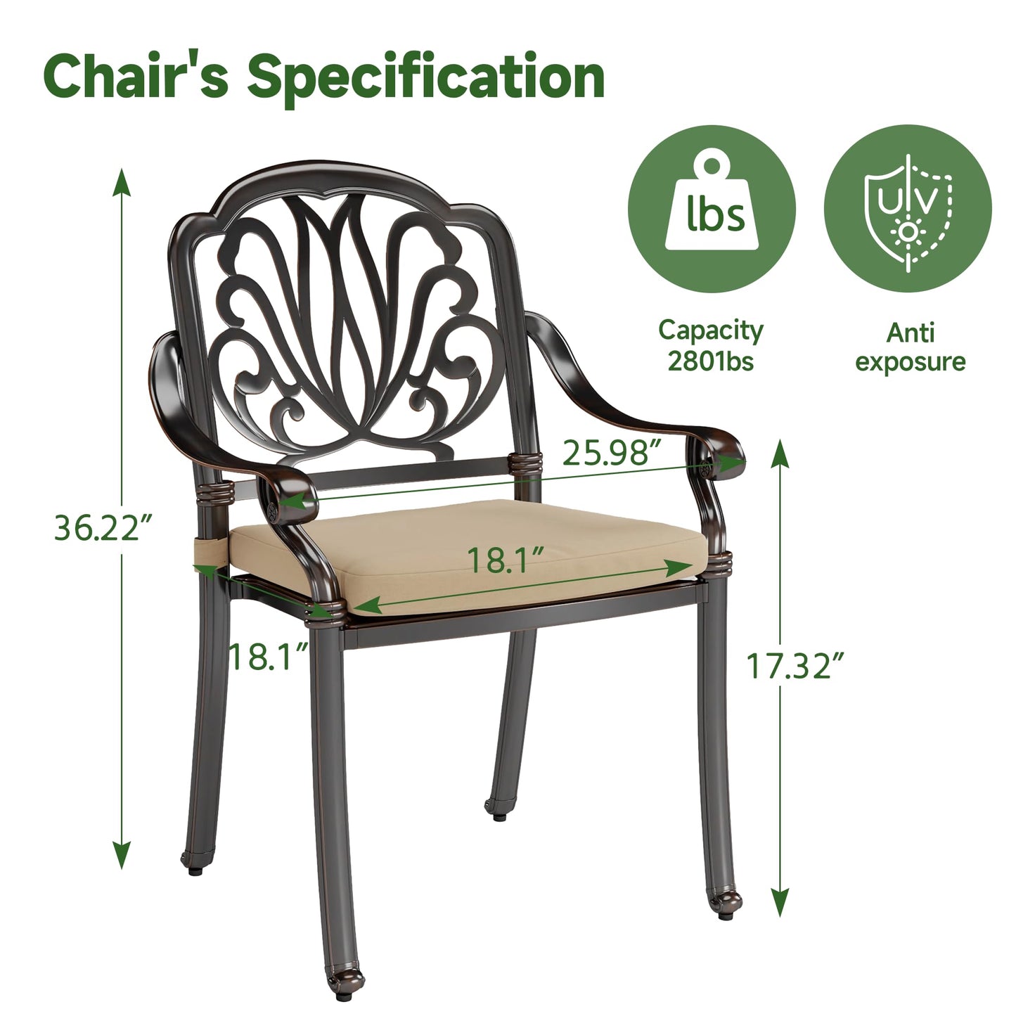 HOMTHING Cast Aluminum Outdoor Dining Chairs Set of 2, Patio Dining Chair with Seat Cushions,Rustproof UV Protected Comfortable Seating for Backyard&Poolside