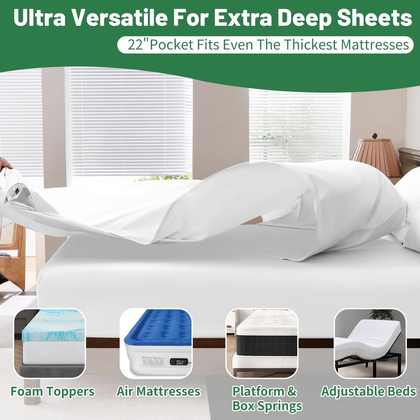 Overket Extra Deep Pocket Queen Sheets 18-24 Inch 1000 Thread Count 100% Egyptian Cotton Sateen Weave Soft Breathable 4 Pieces（Queen,White）