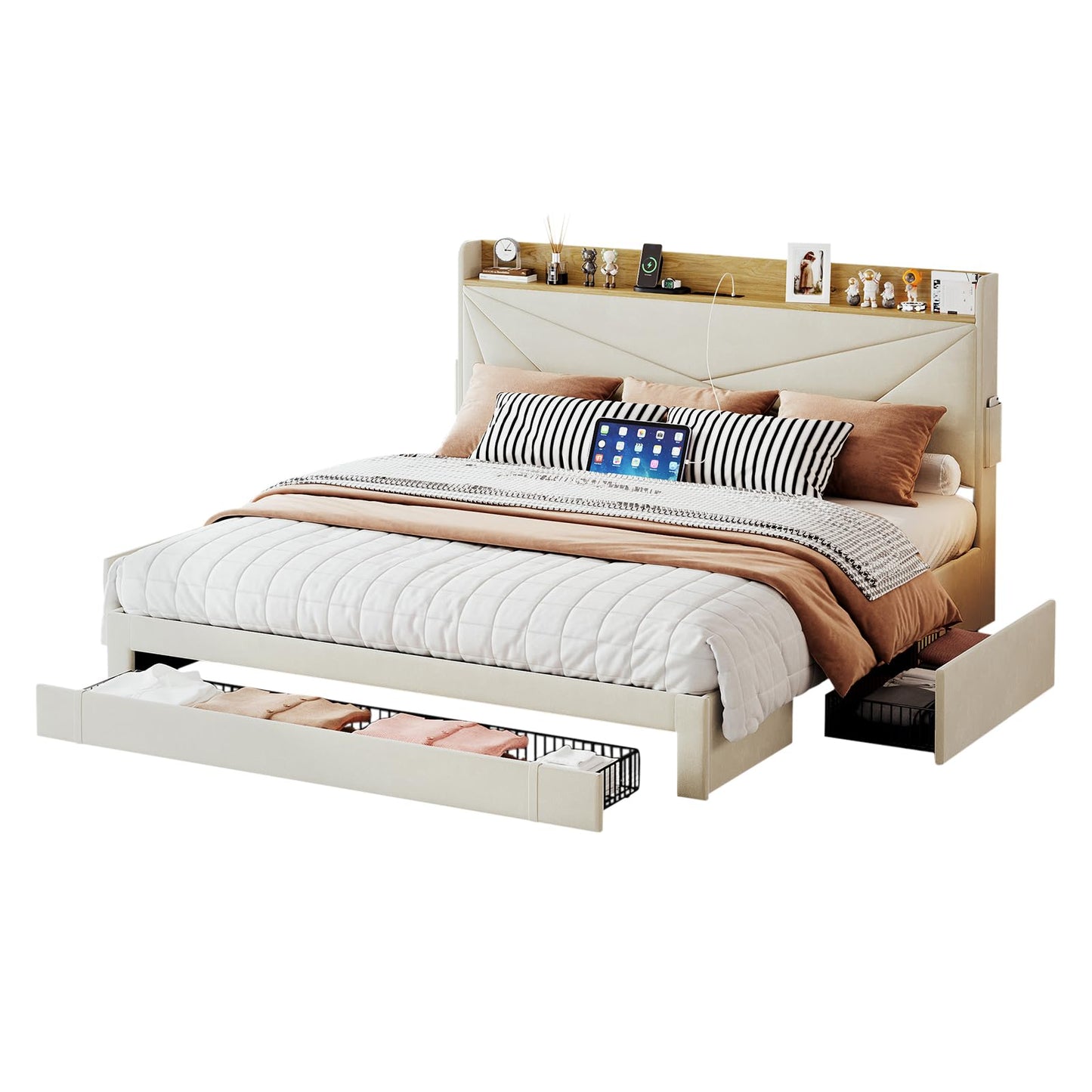 Ugijei King Size Bed Frame with Headboard & Charging Station, Upholstered Platform Bed Frame King Size with 3 Storage Drawers, No Box Spring Needed, Easy Assembly, Cream