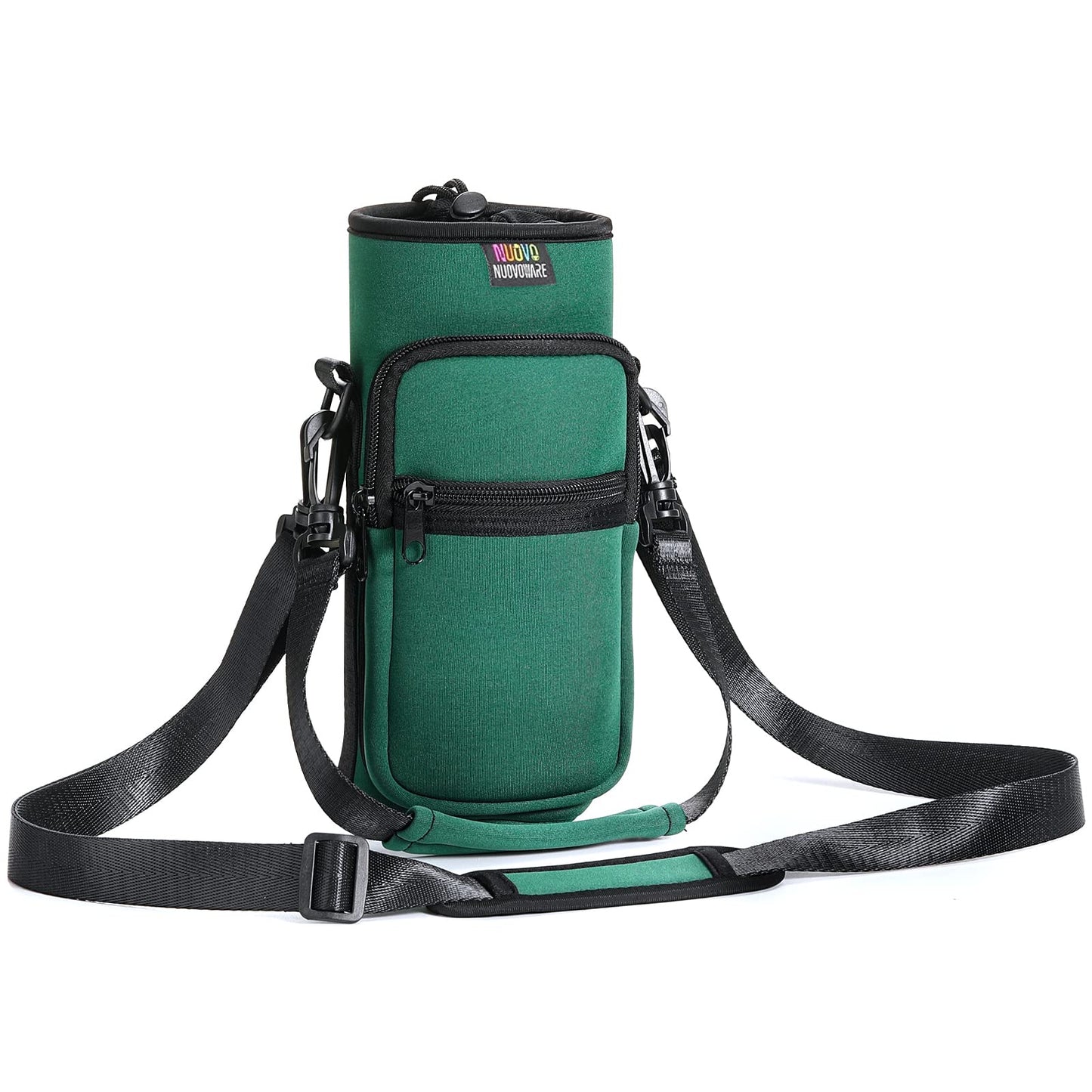 Nuovoware Water Bottle Carrier Bag, 25oz/32oz Bottle Pouch Holder, Adjustable Shoulder Hand Strap 2 Pocket Sling Neoprene Sleeve Sports Water Bottle Bag for Men Women Kids Hiking Travel, Dark Green