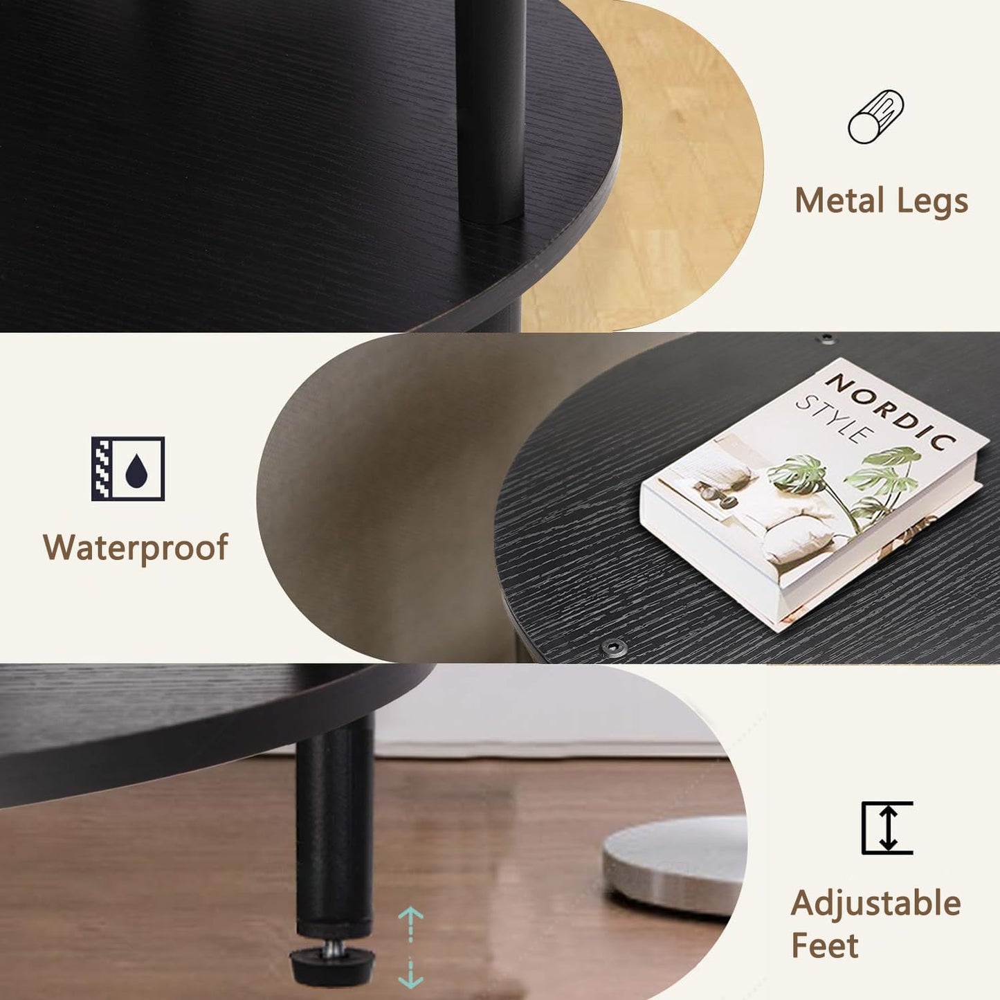 BITYODD Round Side Table Set of 2, 2-Tier End Table, Small Round Nightstands with Storage Shelf, Modern Accent/Coffee/Bedside Table for Living Room, Bedroom-Black