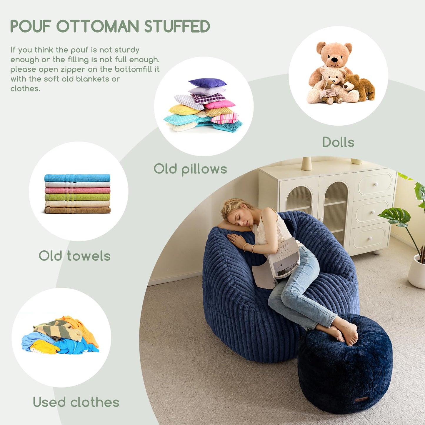 HIGOGOGO Pouf Stuffed Ottoman Round Modern Foam Filled Foot Rest Chair Decorative Poufs 20 x 15 Inches Fluffy Boho Comfy Stool for Living Room, Navy Blue