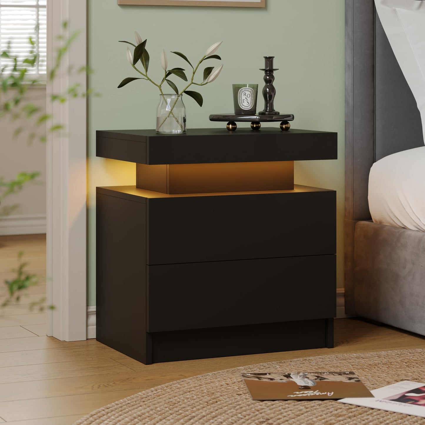 Cubehom LED Black Nightstands Set of 2 Bedroom Night Stands LED Bedside Table with 2 Drawer Modern Nightstands for Bedroom