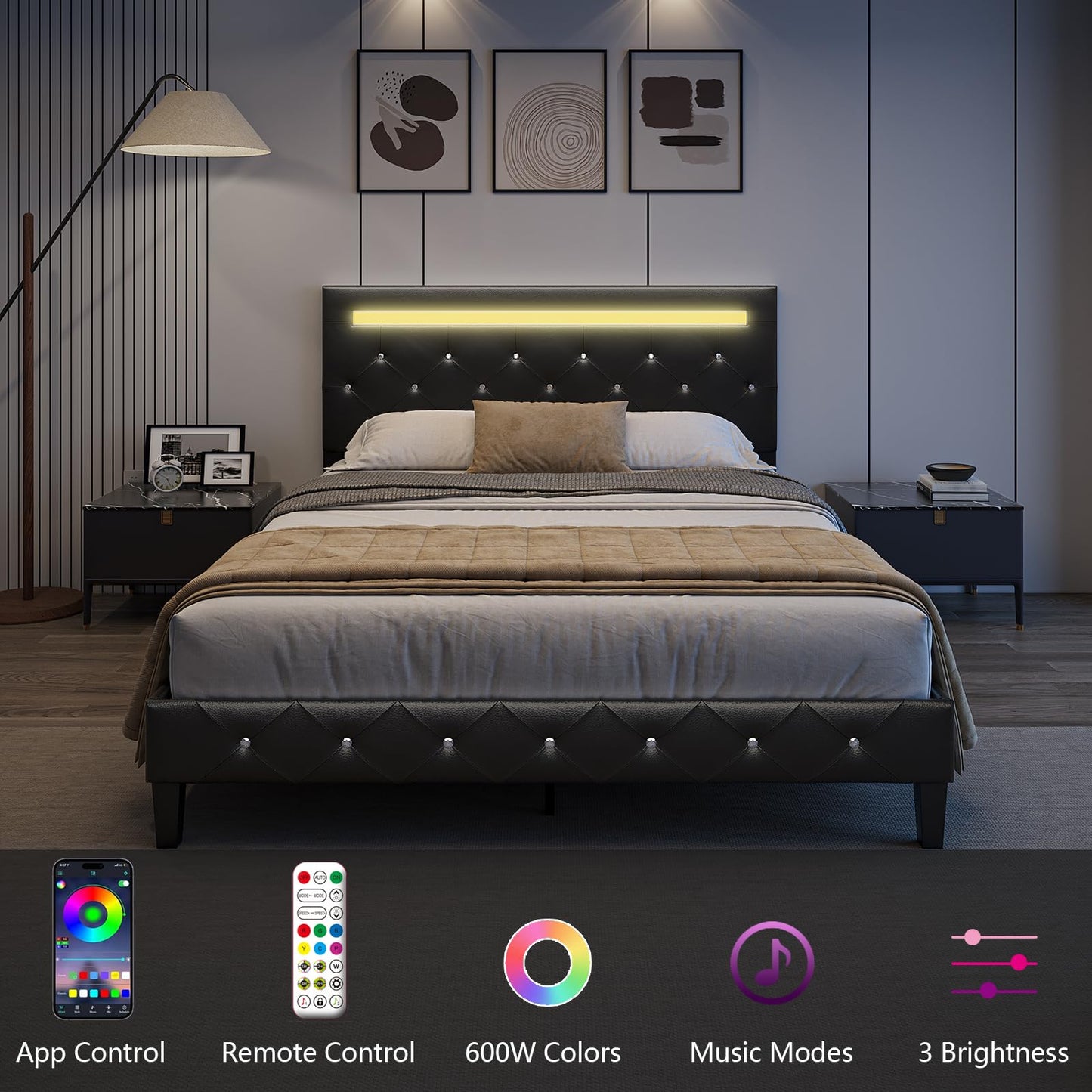 Benevika Full Size Bed Frame with LED Lights, Upholstered Platform Bed Frame with Adjustable Headboard and Charging Station, Wooden Slats Support, Easy Assembly, No Box Spring Needed, Black