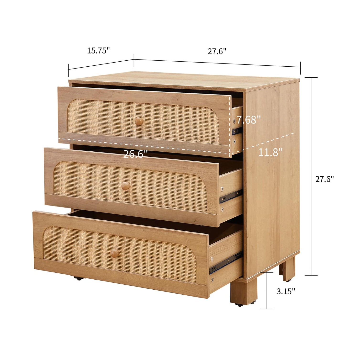 GANLLY 3 Drawer Dresser for Bedroom, Rattan Modern Closet Dressers Chest of Drawers, Wood Oak Storage Chest for Kids Bedroom, Hallway, Living Room