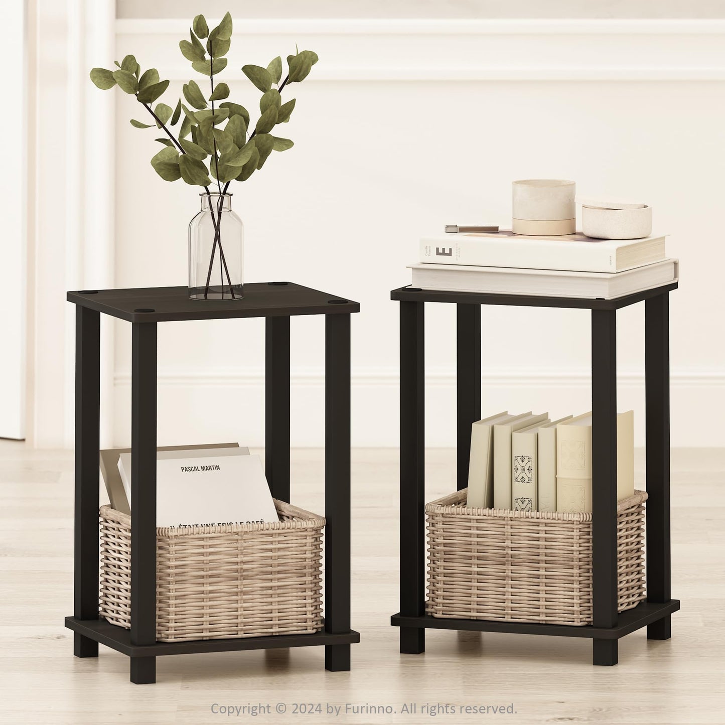 Furinno Simplistic Compact Bedside Table, Nightstand, Espresso/Black, Set of 2
