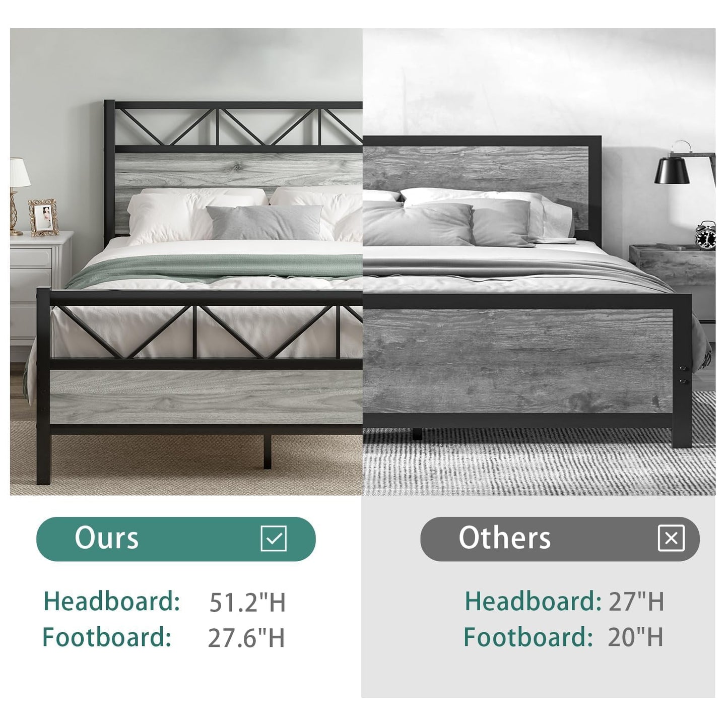 CHABUILDREARK King Bed Frame and Headboard, Industrial 51.2" Tall Headboard, King Platform Bed Frame with Heavy Duty Metal Slats Support, No Box Spring Needed, Noise-Free, Easy Assembly, Wash Grey