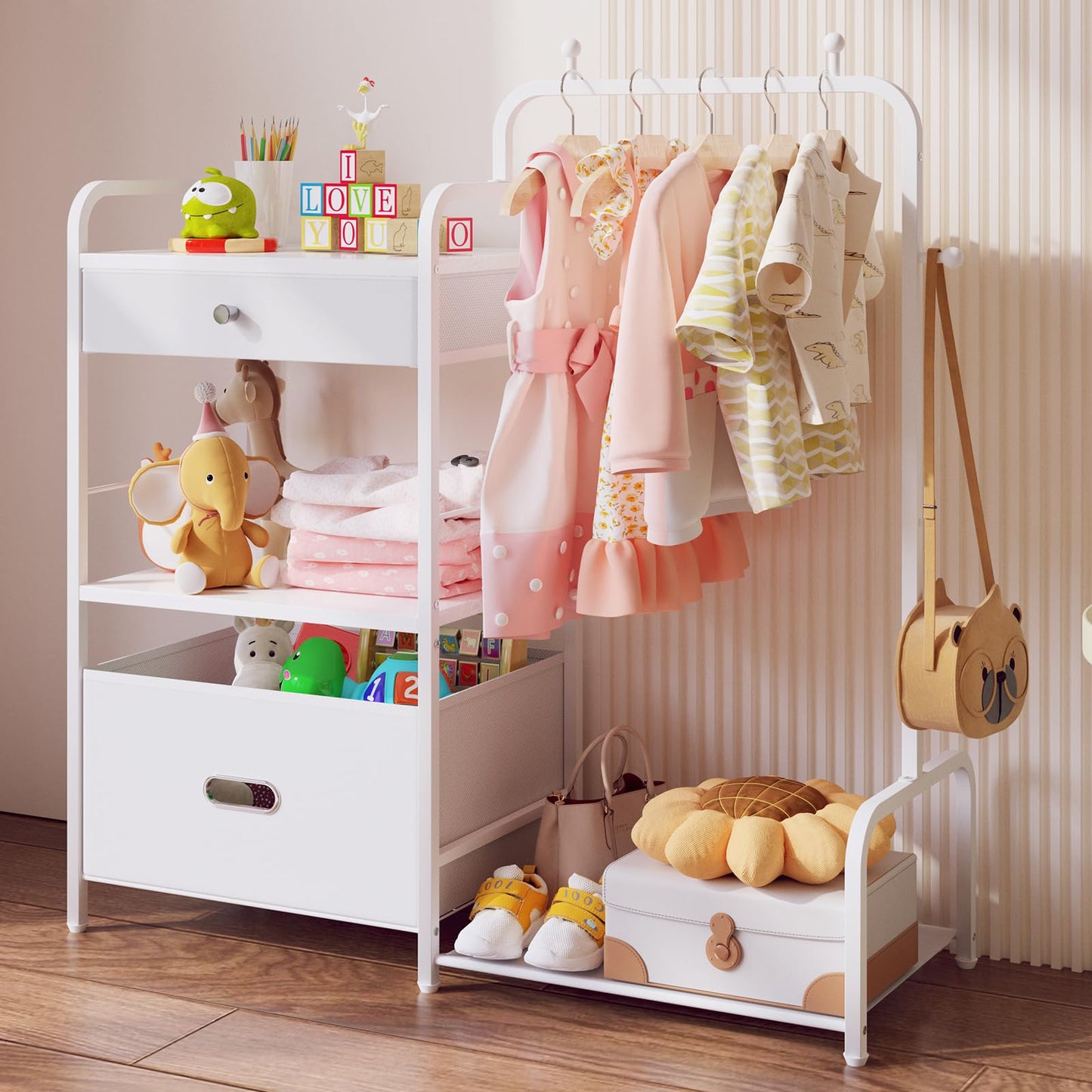 BBLIKE Kids Clothing Rack - Baby Clothes Organizer with Bottom Storage Shelf, Garment Rack With Storage Box for Hanging Clothes, Coats, Skirts, White