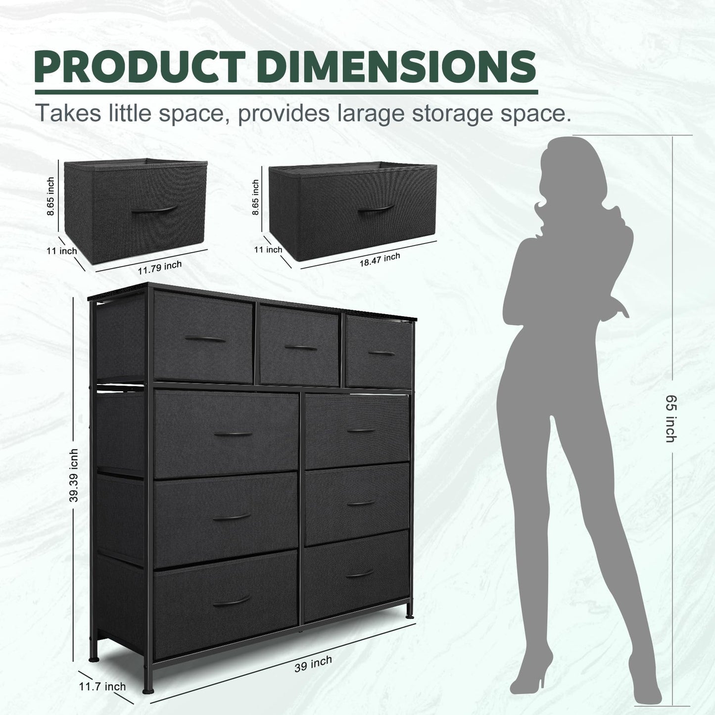 Sonharlar Dresser for Bedroom with 9 Drawers, Chest of Drawers, Storage Drawers Organizer Unit, Black Wide Fabric Dresser with Fabric Bins for Closet, Living Room, Entryway (Charcoal Black)