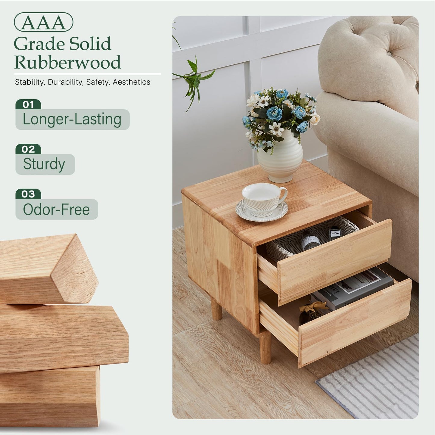 Small Solid Wood Nightstand with Drawers - Mid Century Modern 2 Drawer Wood Narrow Nightstand Side Bedside End Table with Storage for Living Room Bedroom Office, Natural, 15.7" D x 17.1" W x 19.6" H
