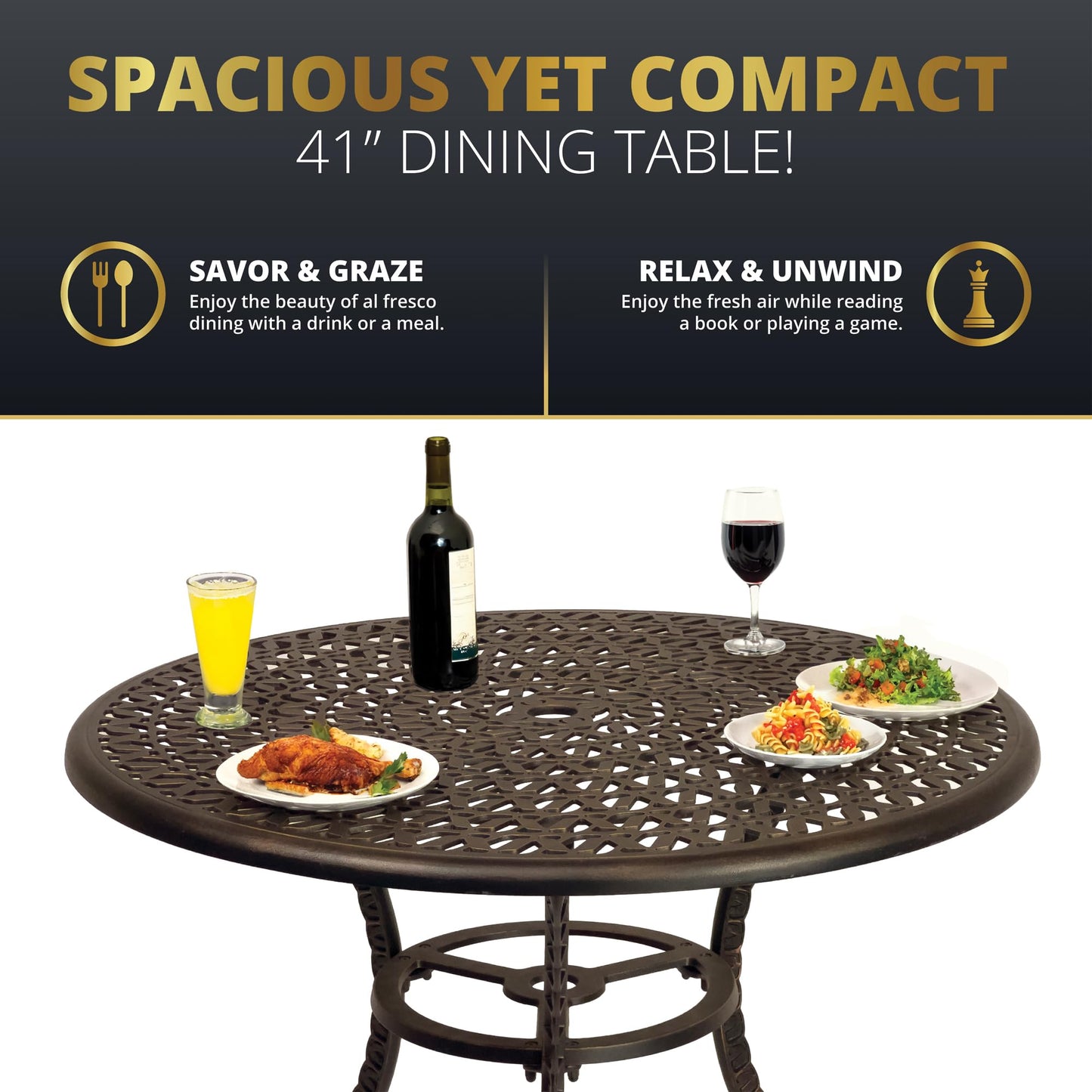 Kinger Home 5-Piece Cast Aluminum Outdoor Dining Furniture Set for 4, Round Patio Table and Chairs for 4 with Cushions, Outdoor Furniture Set with Umbrella Hole, All-Weather Patio Dining Set