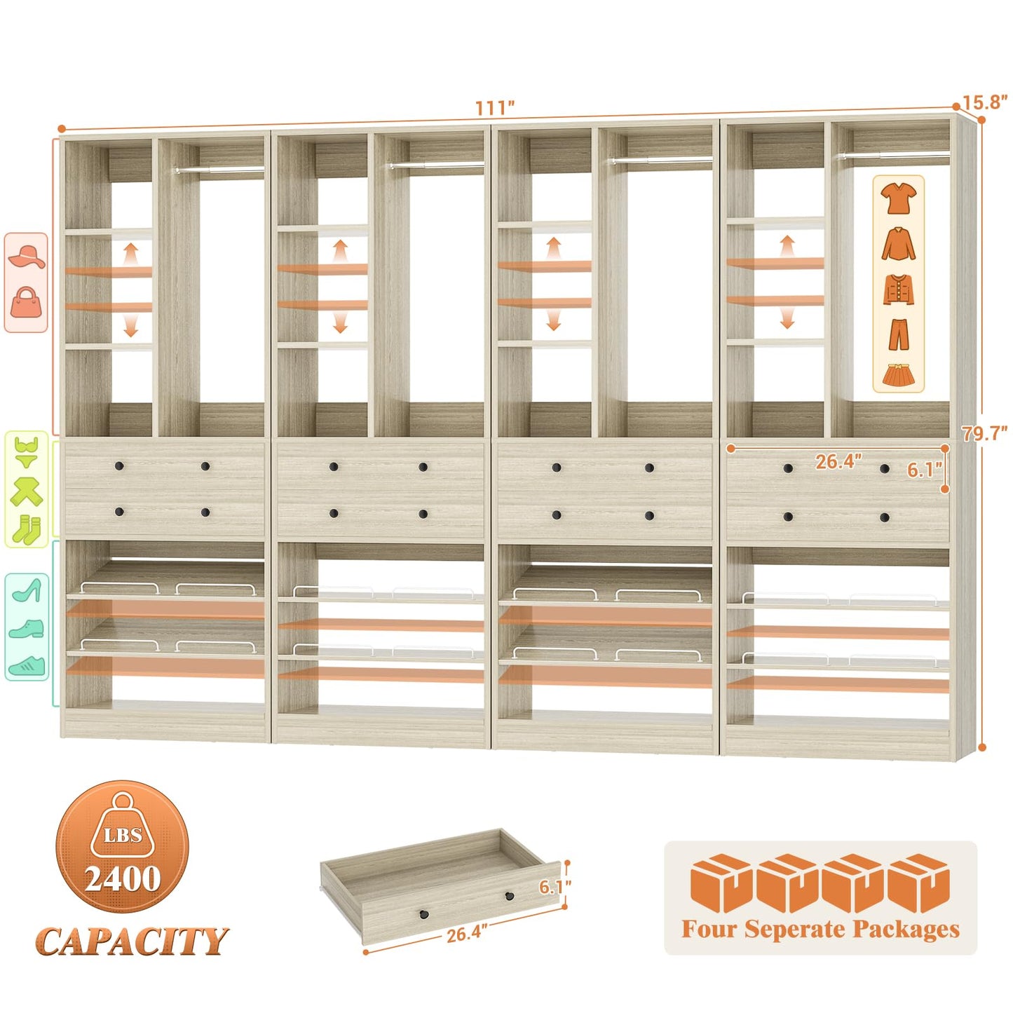Besiost Closet System, 111"/9.3 FT Closet Organizer System with 8 Drawers and Shelves, Can Fit 120"/10FT Walk-in Closets Systems, Free Standing Reach in Closet Tower, Load 2400+LBS, Greige