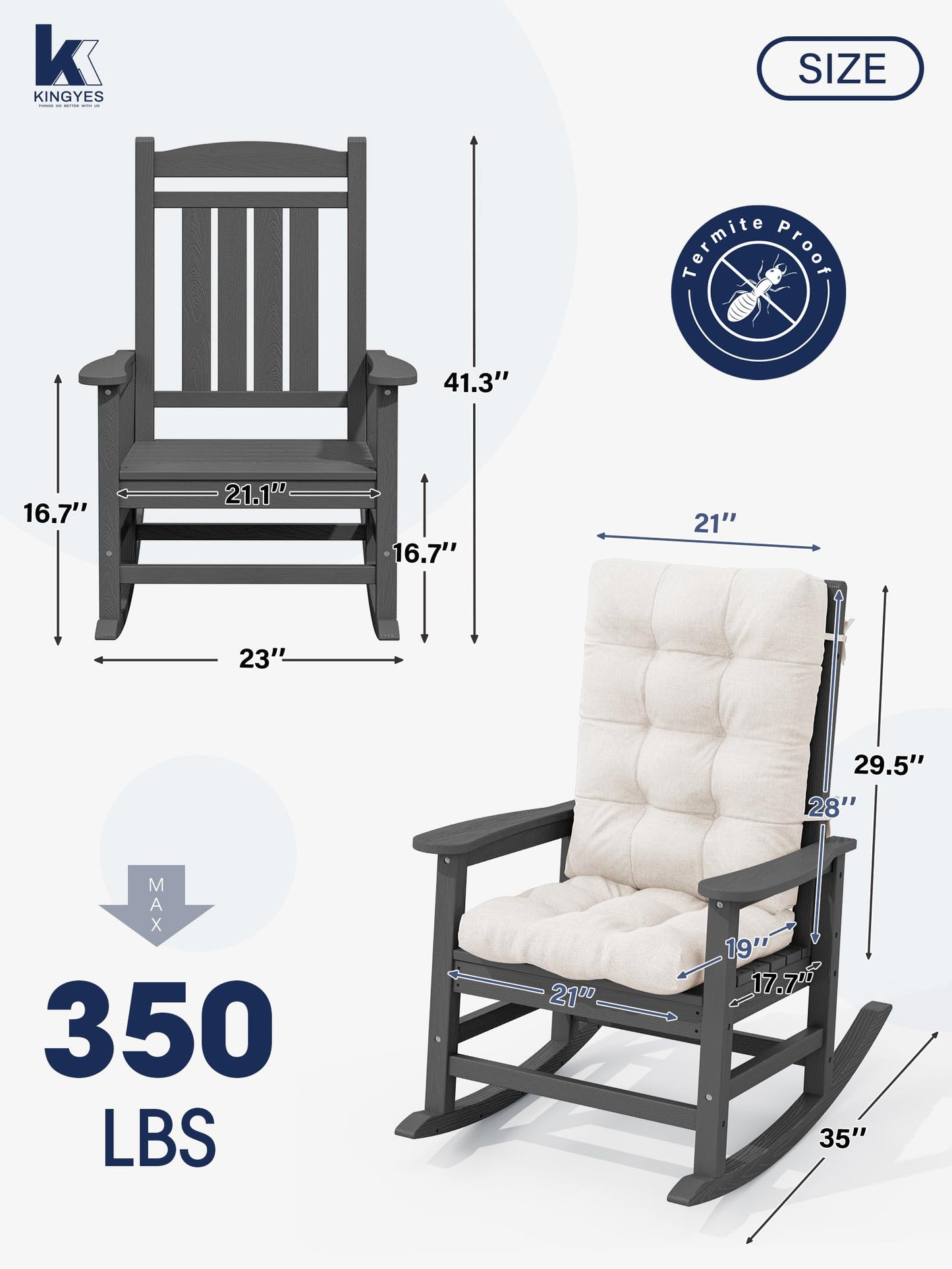 KINGYES HDPE Rocking Chair Outdoor with Thick Cushions, All-Weather Patio Rocking Chair Porch Rocker for Outside, Grey Chair with Beige Cushion