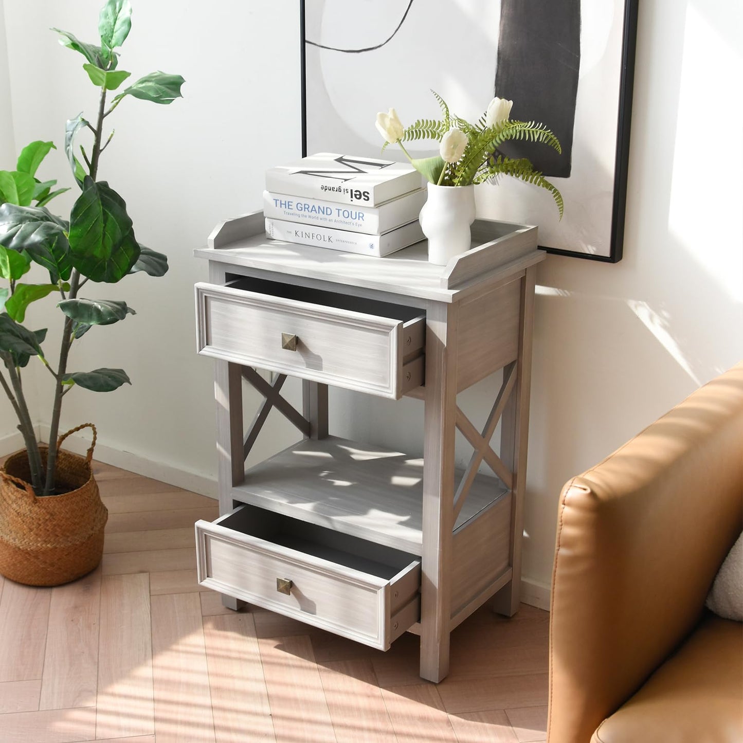 Light Gray Wooden Side Table. with 2 Drawers and an Open Shelf, USB Charging Ports Included. Ideal for Living Rooms by Sofas Or Bedrooms Near Beds for Storage and Convenience (Gray)