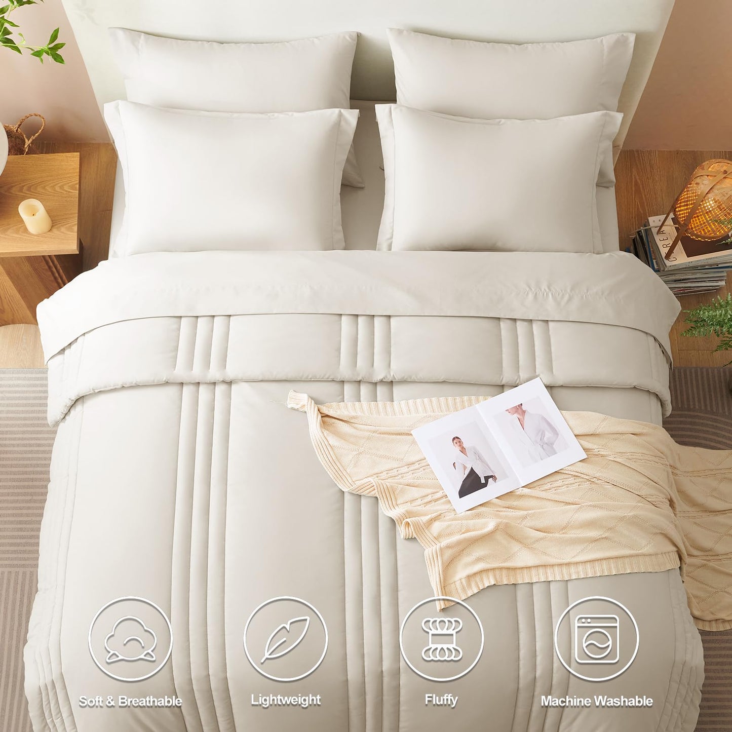 CozyLux Queen Comforter Set - 7 Pieces Bed in a Bag Beige Comforters Queen Size Bed Set, Soft Bedding Set with All Seasons Comforter, Sheets, Pillowcases & Shams