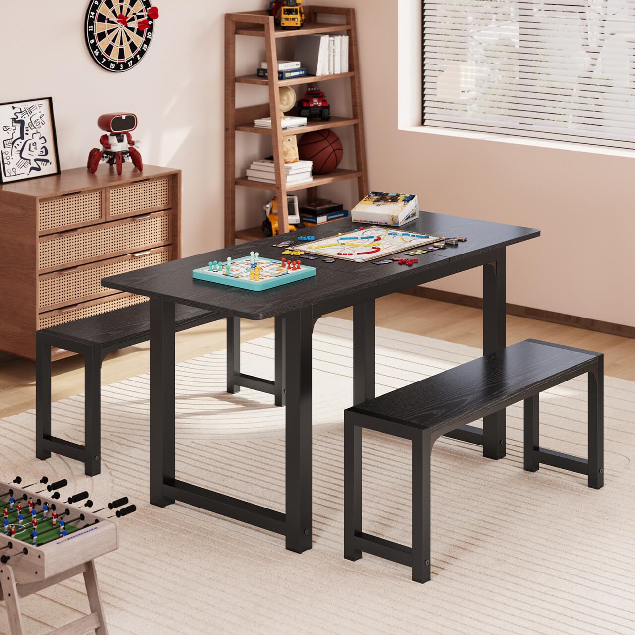 Gizoon 63” Kitchen Table Sets for 4 with 2 Benches Extendable Dining Table Set for 4 with Chairs Dining Room Table and Chairs for Kitchen Apartment Outdoor and Home Office, Black