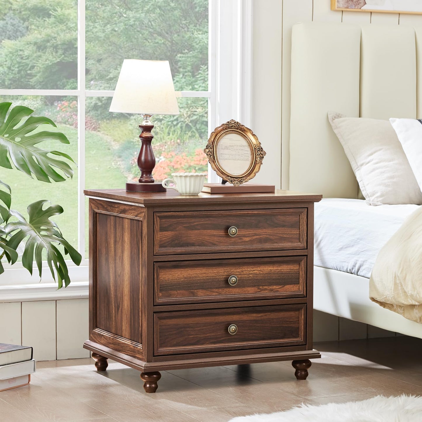 Joaxswe 24" Wide Farmhouse Night Stand Set of 2,Large End Table with 3 Drawers & Metal Handle,Brown Wood Dresser for Bedroom Cabinet, Bed Side Table Chest of Drawers,Nightstand for Living Room,Closet