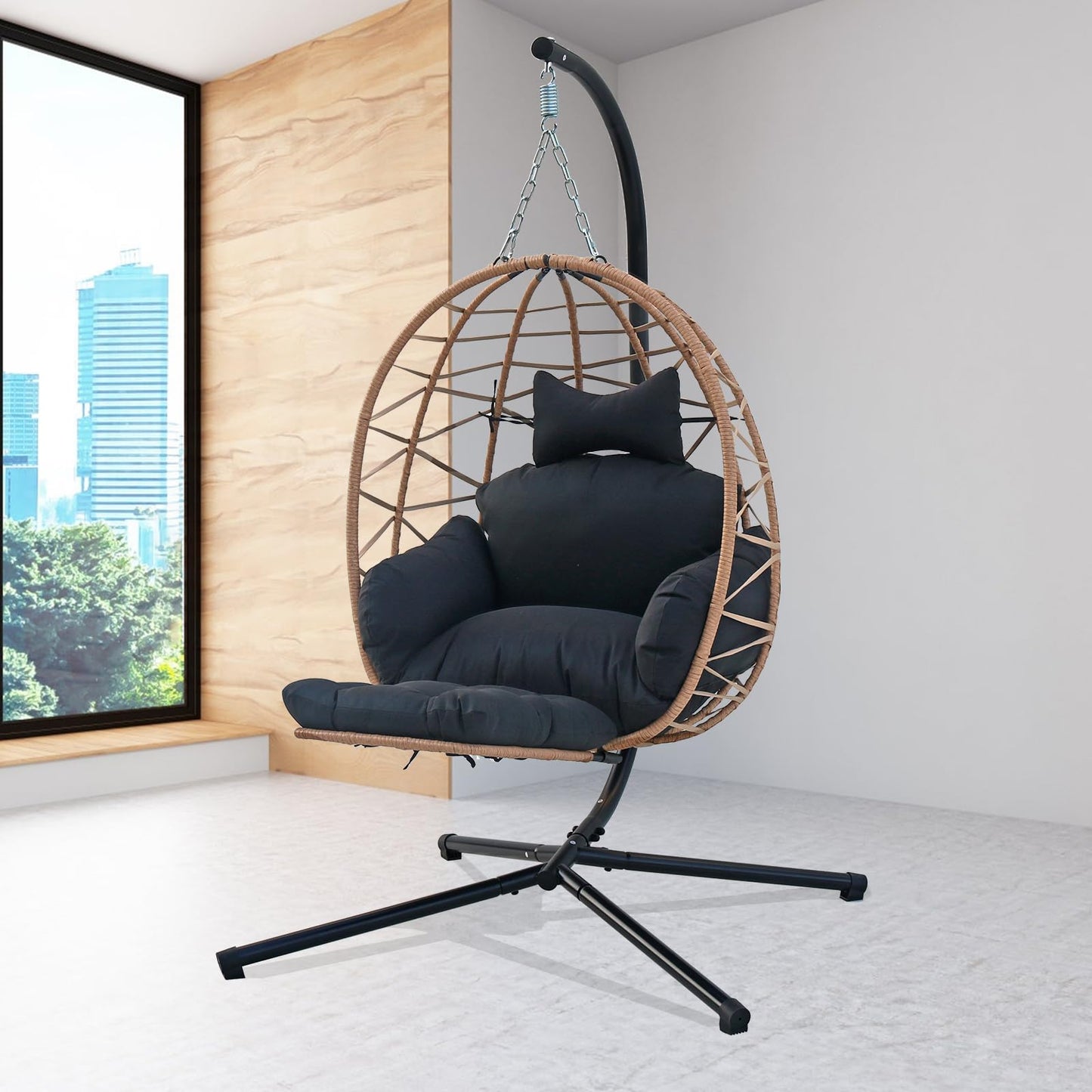 Hanging Egg Chair with Stand & Leg Rest,Rattan Wicker Swing Chair with Cushion, Patio Basket Hanging Chair Wicker Hammock Chair for Indoor Outdoor Bedroom Garden,300LBS (Yellow Rattan&Black Cushion)
